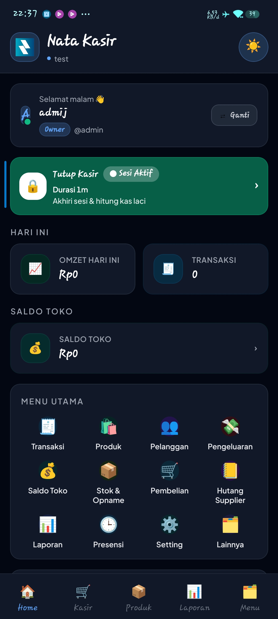 Tampilan aplikasi Nata Kasir Retail tema gelap