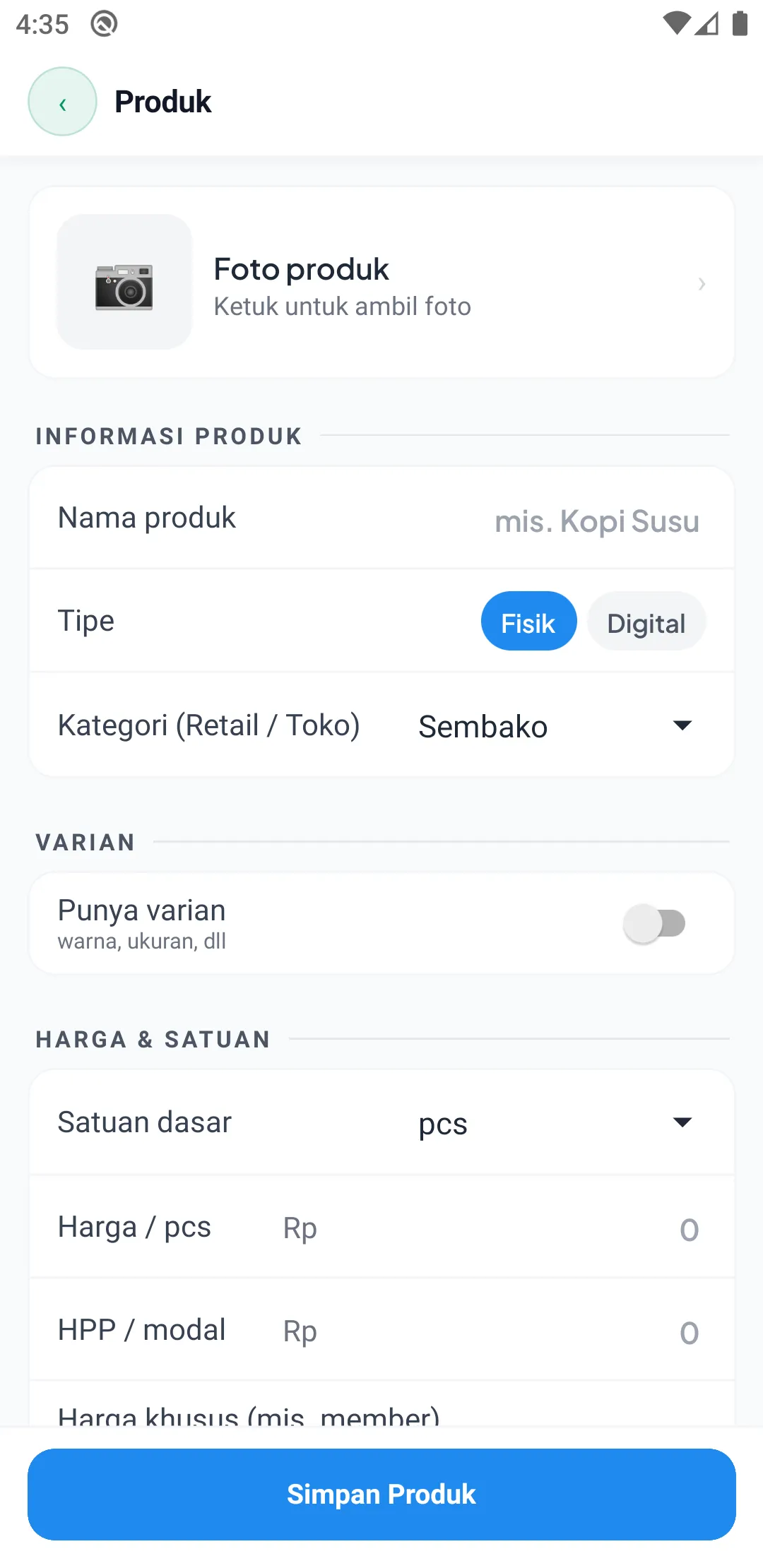 Form produk HP